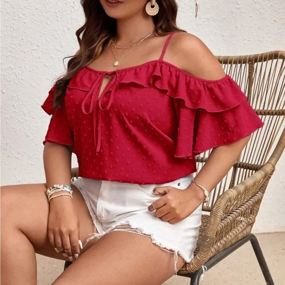 Plus Size Ruffle Off The Shoulder Top Blouse Shirt Red - Picture 3 of 4